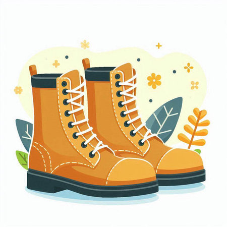 Hiking boots with leaves and flowers. Vector illustration in cartoon style.のイラスト素材