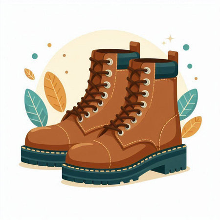 A pair of brown boots on a background of leaves. Vector illustrationのイラスト素材