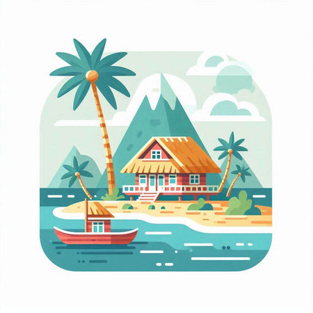 Tropical island. Landscape with palm trees, houses and boats. Vector illustrationのイラスト素材