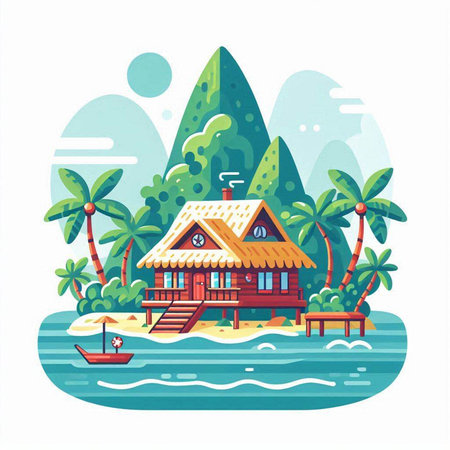 Tropical beach with bungalows. Vector illustration in flat styleのイラスト素材