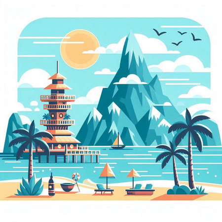 Landscape with mountains, palm trees and pagoda. Vector illustrationのイラスト素材