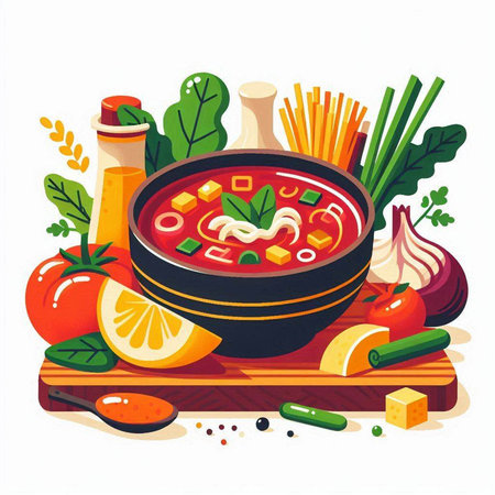 Tomato soup with vegetables and spices. Vector illustration in flat style.のイラスト素材