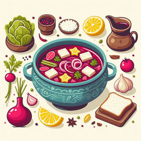 Vector illustration of a bowl of borscht with ingredients for cooking.のイラスト素材
