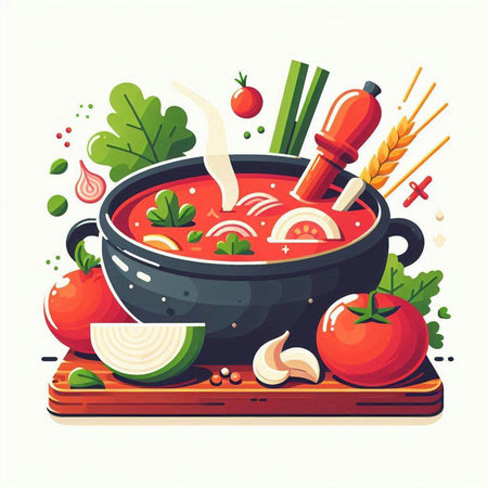 Tomato soup. Tomato soup in a bowl. Vector illustration.のイラスト素材