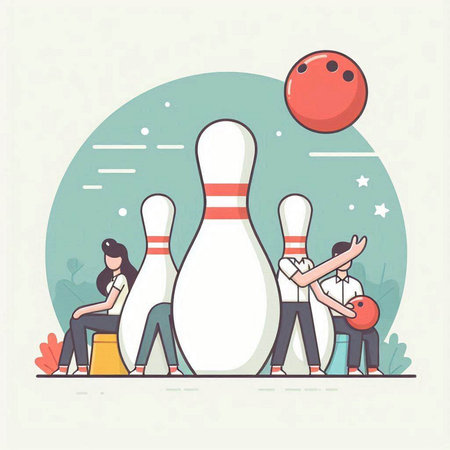 Flat design vector illustration concept of people playing bowling. Teamwork concept.のイラスト素材