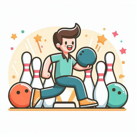 Young man playing bowling. Vector illustration in a flat cartoon style.のイラスト素材