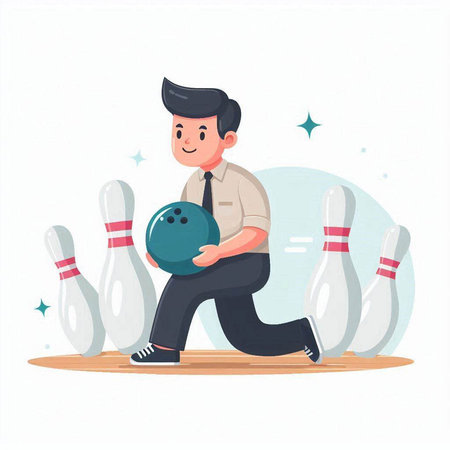 Cartoon man playing bowling. Vector illustration in flat design style.のイラスト素材