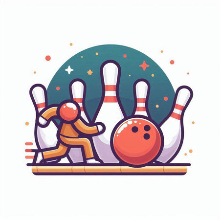 Bowling game flat vector illustration. Cartoon character with bowling ball and pins.のイラスト素材