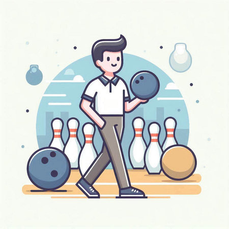 Vector illustration of young man playing bowling. Flat style design for web and print.のイラスト素材