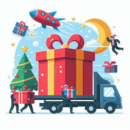 Cartoon vector illustration of christmas delivery truck carrying presents to customer.のイラスト素材