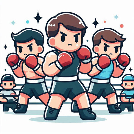 Boxing Cartoon Vector Illustration with Little Boxer Characters in Actionのイラスト素材