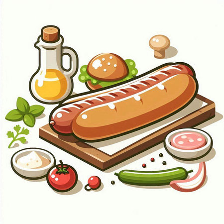 Sausage and ingredients on a white background. Vector illustration.のイラスト素材