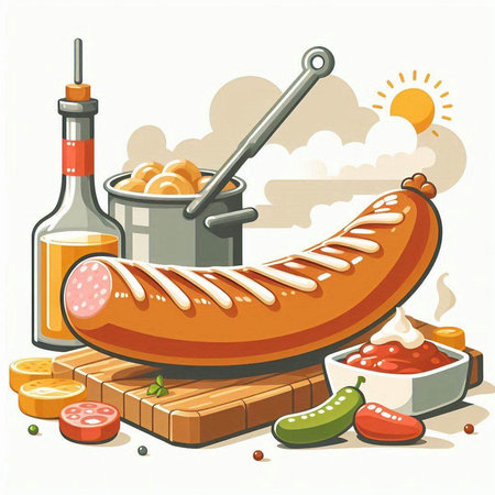 Vector illustration of grilled sausages on wooden board with sauce and ingredientsのイラスト素材