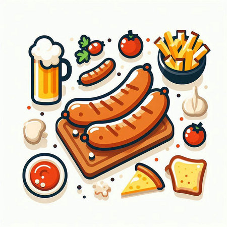 Vector illustration of grilled sausages on toast, french fries, beer and vegetables.のイラスト素材