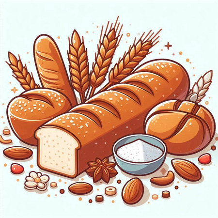 Illustration of a set of bread and wheat on a white backgroundのイラスト素材