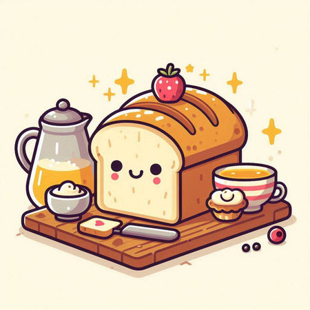 Cute cartoon vector illustration of bread and tea. Vector illustration.のイラスト素材