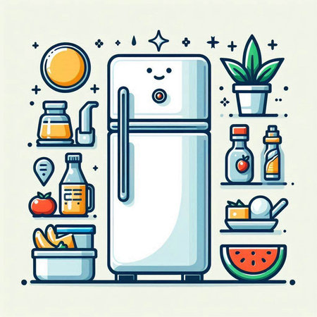 Modern thin line flat design vector illustration of refrigerator and kitchen utensilsのイラスト素材