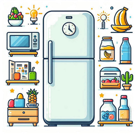 Kitchen and home appliances. Refrigerator, fridge, microwave, fridge, water bottle. Vector illustration.のイラスト素材