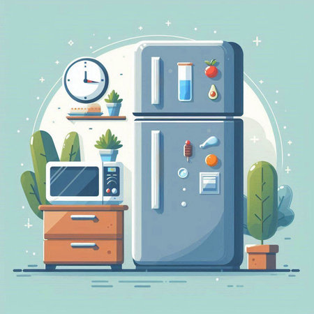 Refrigerator vector illustration in flat style. Refrigerator with different home appliancesのイラスト素材