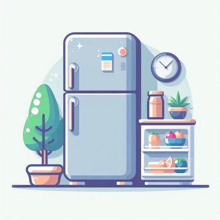 Refrigerator in the kitchen. Vector illustration in flat style.のイラスト素材