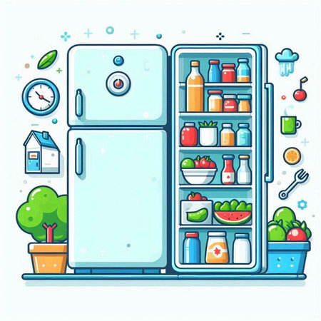 Illustration of fridge with healthy food and kitchen utensils.のイラスト素材