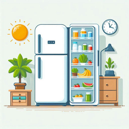 Refrigerator with fruit and vegetables in the room. Vector illustrationのイラスト素材