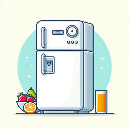 Refrigerator with a glass of orange juice. Vector illustration.のイラスト素材