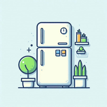 Modern vector illustration in thin line style. Refrigerator and houseplants.のイラスト素材
