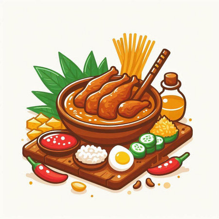 Illustration of a bowl of chicken wings and vegetables on a wooden boardのイラスト素材