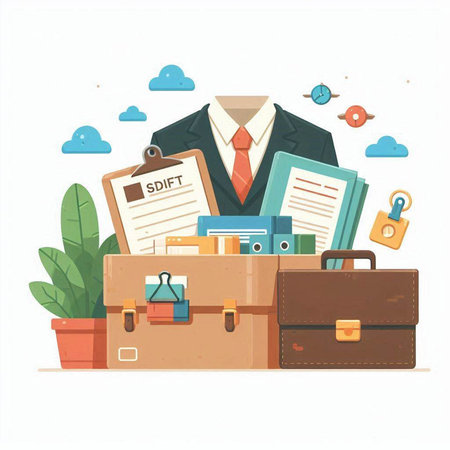 Businessman with briefcase and documents. Flat style vector illustration.のイラスト素材