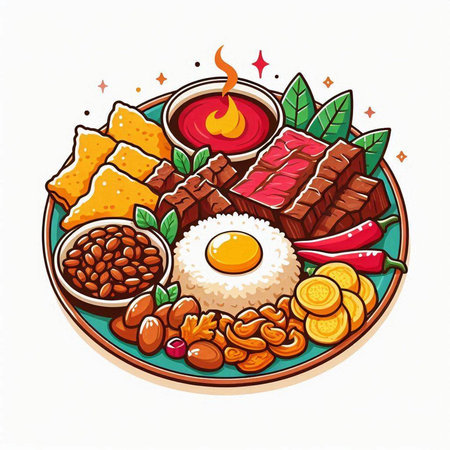 Korean traditional food vector illustration. Rice, meat, beans, fried egg, dumplings.のイラスト素材