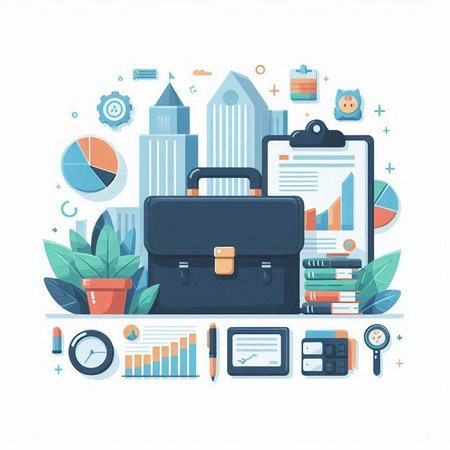 Business and finance concept with briefcase and office supplies. Vector illustrationのイラスト素材