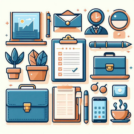 Business and office icons set. Vector illustration in flat cartoon style.のイラスト素材