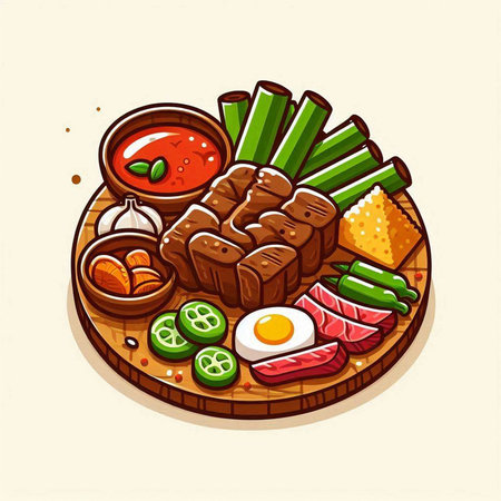 Korean food vector illustration, beef and vegetables on wooden plate.のイラスト素材