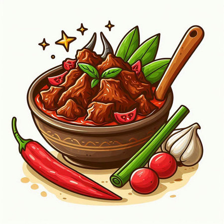 Illustration of a bowl of beef stew with spices and vegetables.のイラスト素材