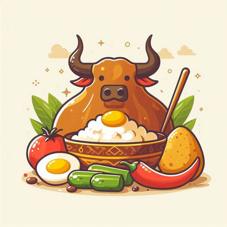 Illustration of a Cute Bull with Rice, Egg and Vegetablesのイラスト素材