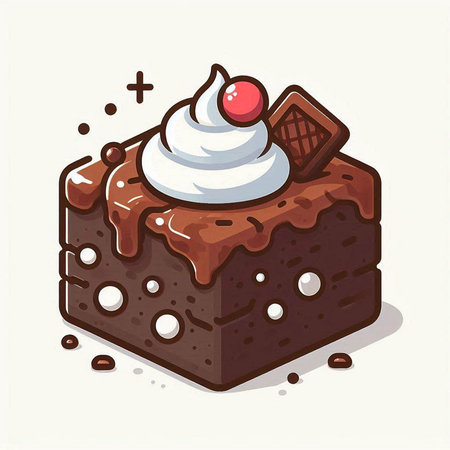 Chocolate cake with whipped cream and cherry on top. Vector illustration.のイラスト素材