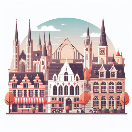 Bruges, Belgium. Landmarks of the city. Vector illustration.のイラスト素材