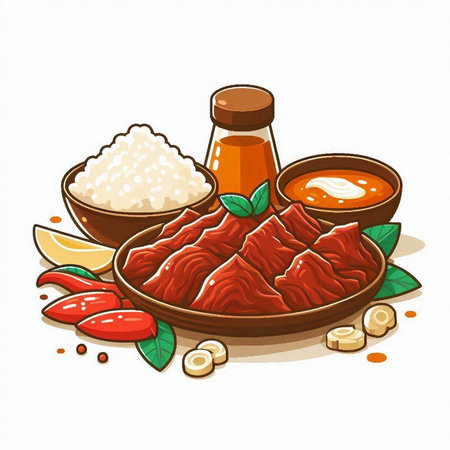 Illustration of a set of traditional Japanese food, rice, soy sauceのイラスト素材