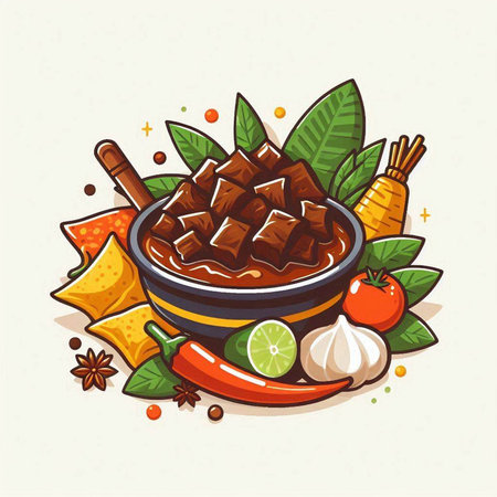 Illustration of a bowl of beef stew with spices and vegetables.のイラスト素材