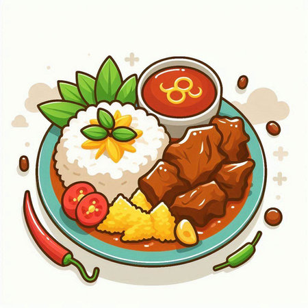 Illustration of a plate of beef stewed with rice and vegetablesのイラスト素材