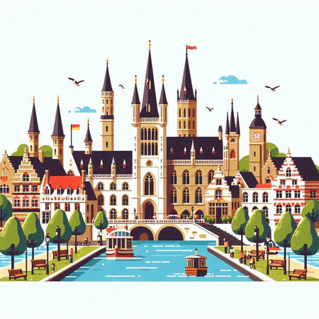 Bruges. Landmarks of Belgium, Europe. Vector illustrationのイラスト素材