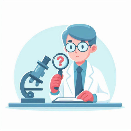 Scientist with microscope and magnifying glass. Vector illustration in cartoon styleのイラスト素材