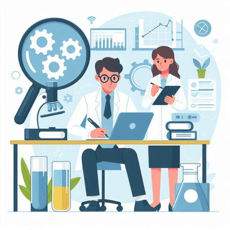 Scientist working in laboratory. Medical research and development concept. Vector illustration in flat styleのイラスト素材