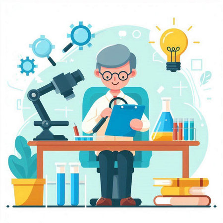 Scientist man with microscope and books. Vector illustration in flat styleのイラスト素材
