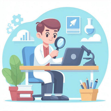 Scientist working at the computer. Vector illustration in cartoon style.のイラスト素材