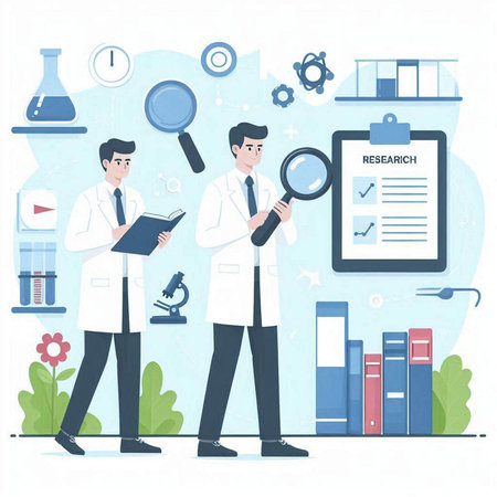 Vector illustration of a doctor and scientist working in the laboratory. Flat style design.のイラスト素材