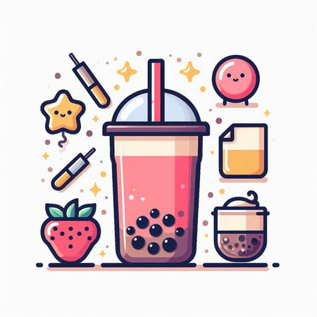 Strawberry smoothie with straw and ingredients. Vector illustration.のイラスト素材