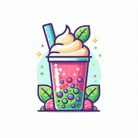 Vector illustration of smoothie in a paper cup with whipped cream and berries.のイラスト素材