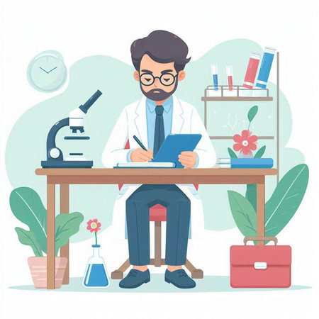 Scientist working in the laboratory. Vector illustration in cartoon style.のイラスト素材